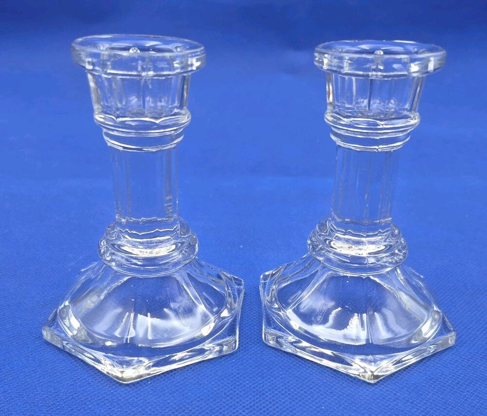 Vintage FTD Clear Glass Taper Candle Holder Hexagon Base 4" Tall Set of 2 YK